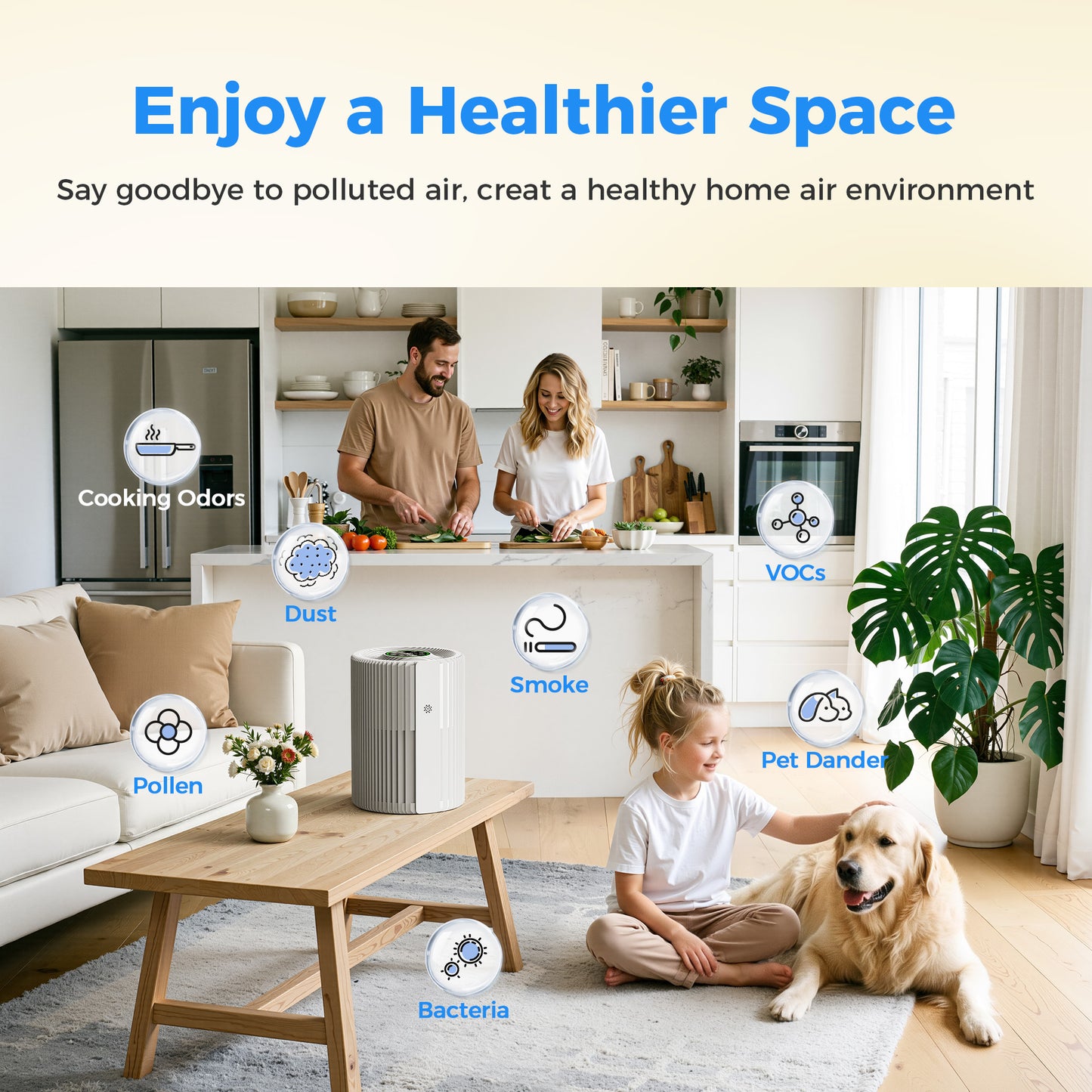 KLOUDIC Air Purifiers for Home with High Efficiency Filter Up to 600 Ft², Real-Time Air Quality (PM2.5) Display, Compact Air Cleaner with 4 Speeds, Timer, White