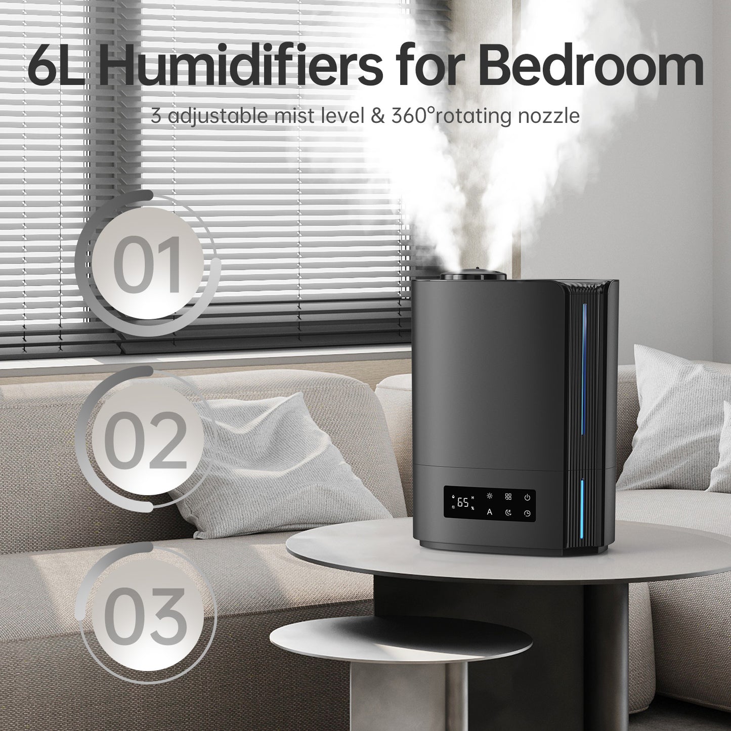 KLOUDIC Top-Fill 6L Cool Mist Large Humidifier for Home Air Vaporizer with Humidistat and Timer