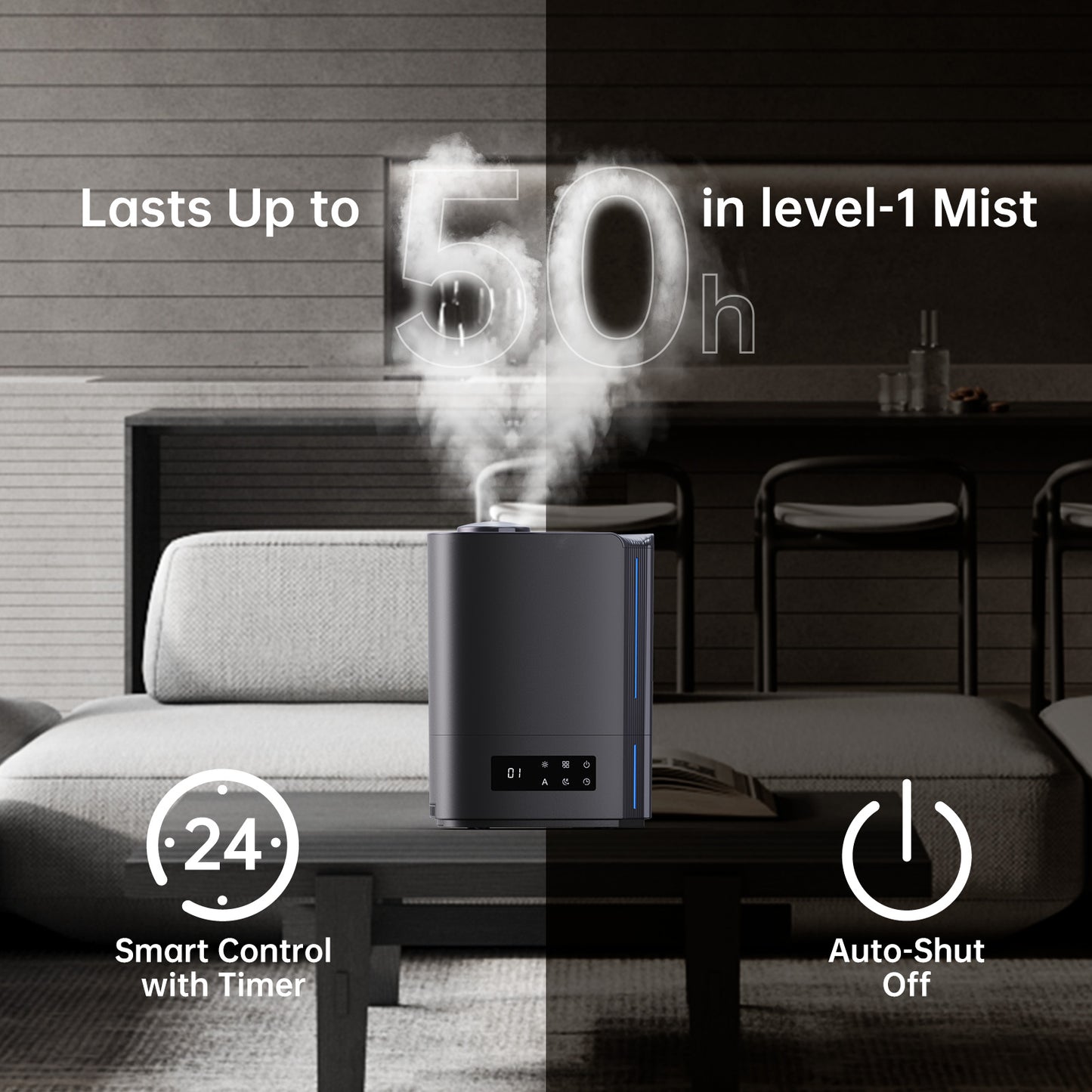 KLOUDIC Top-Fill 6L Cool Mist Large Humidifier for Home Air Vaporizer with Humidistat and Timer
