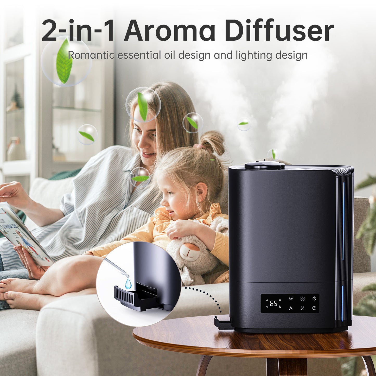 KLOUDIC Top-Fill 6L Cool Mist Large Humidifier for Home Air Vaporizer with Humidistat and Timer