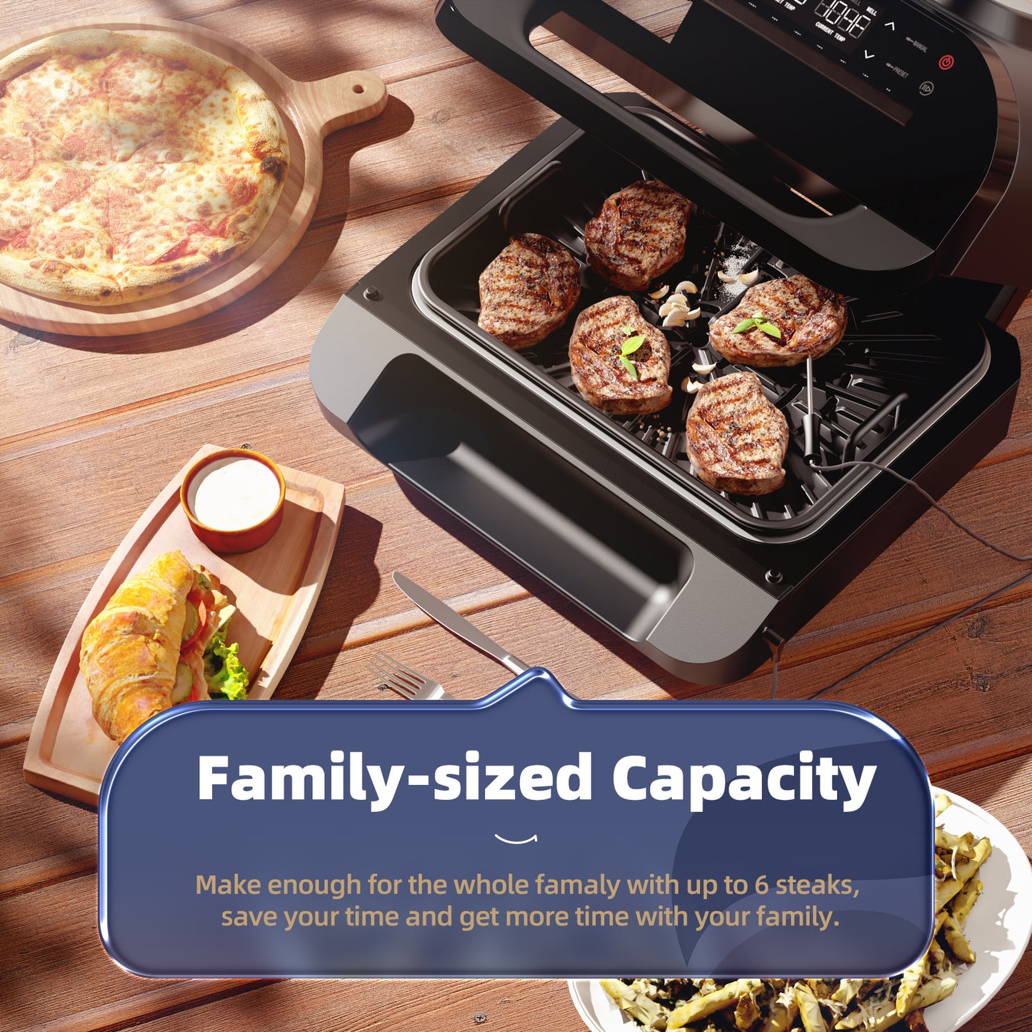KLOUDIC Smart Indoor Grill & Air Fryer Combo, Smokeless Electric Countertop Griddle, with Removable Non-Stick 1700W, Black