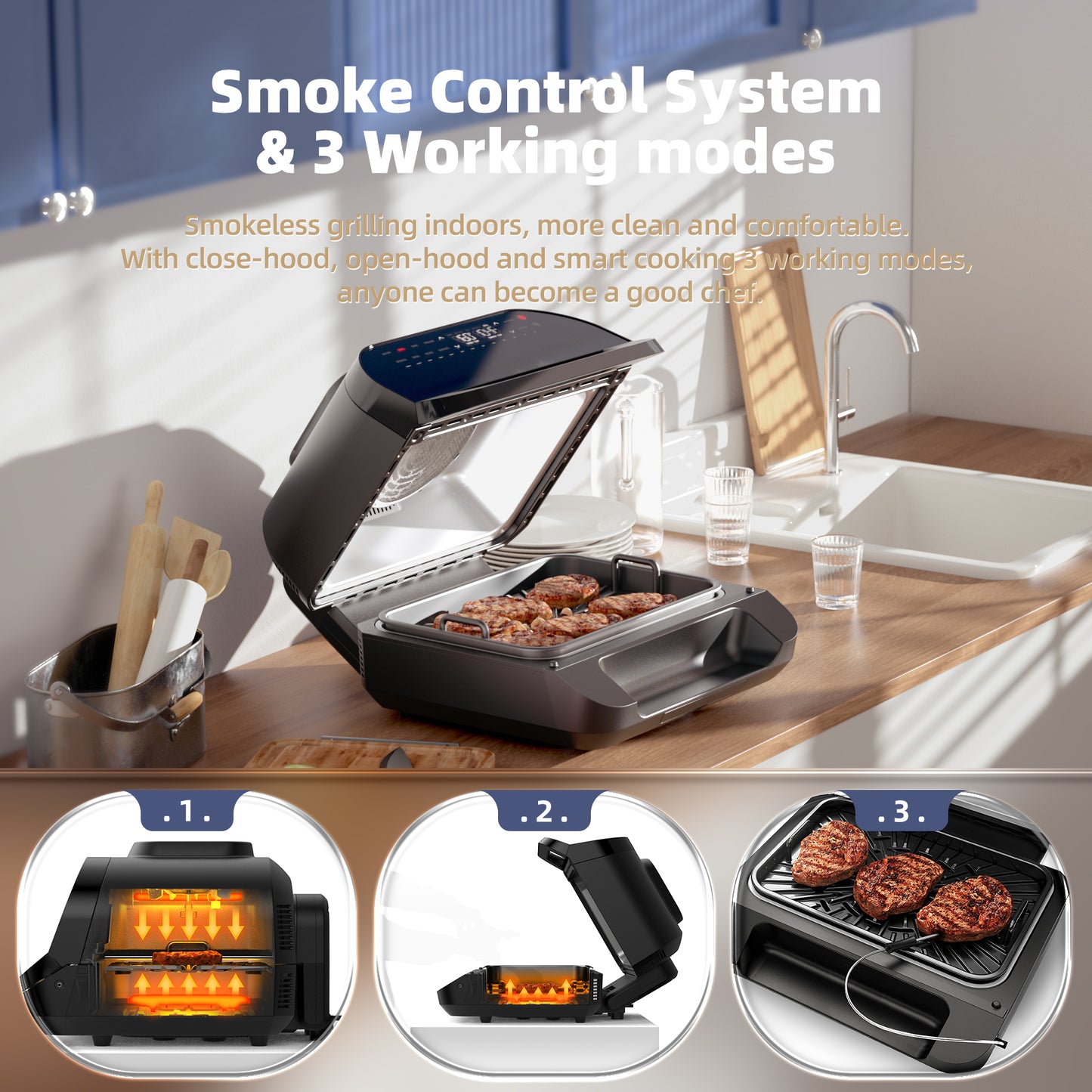 KLOUDIC Smart Indoor Grill & Air Fryer Combo, Smokeless Electric Countertop Griddle, with Removable Non-Stick 1700W, Black