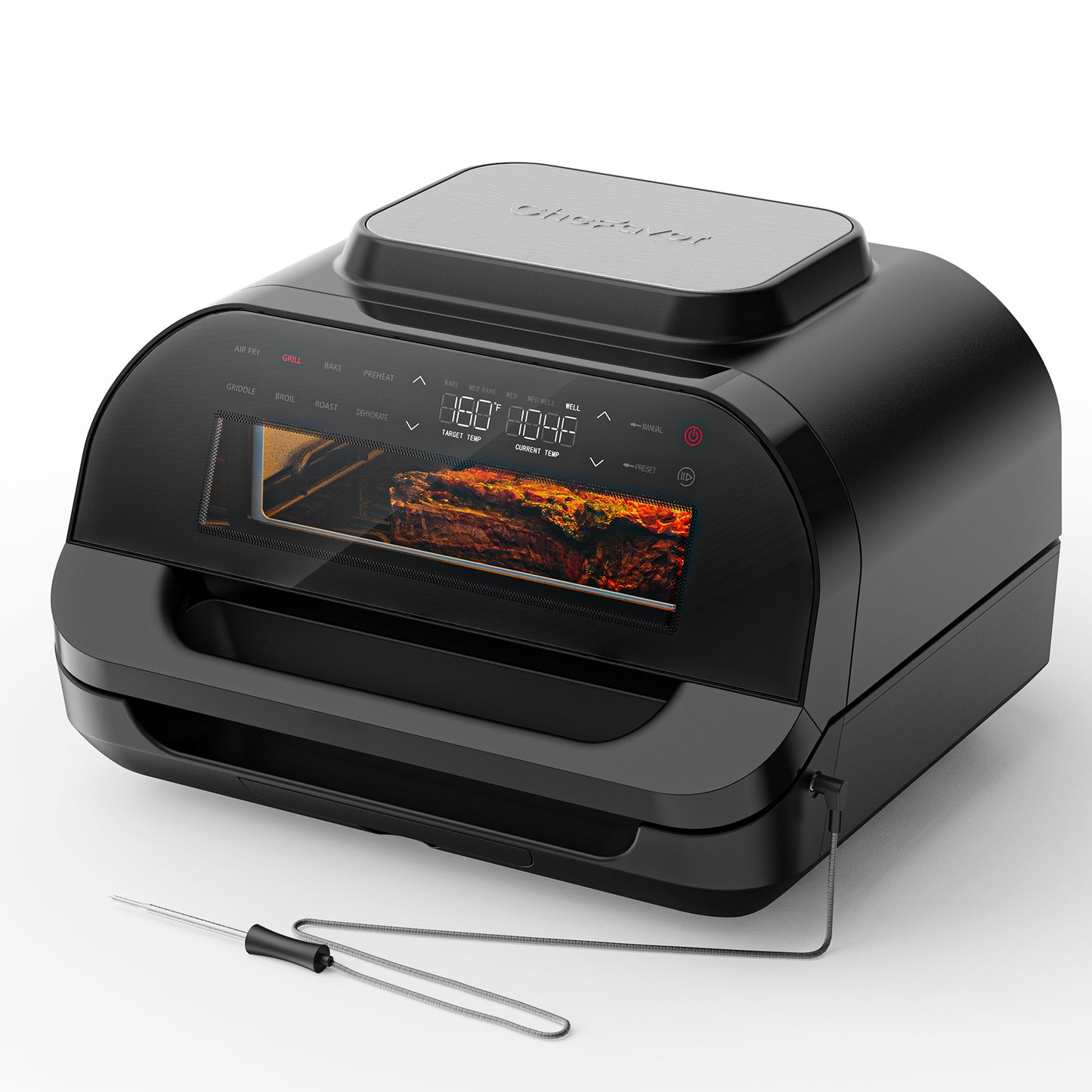 KLOUDIC Smart Indoor Grill & Air Fryer Combo, Smokeless Electric Countertop Griddle, with Removable Non-Stick 1700W, Black