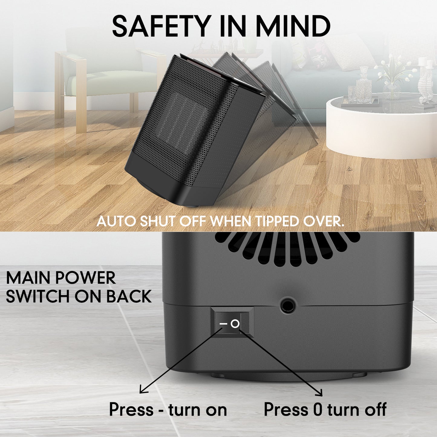 KLOUDIC 950W Portable Ceramic Heater with 45° Oscillation, Black