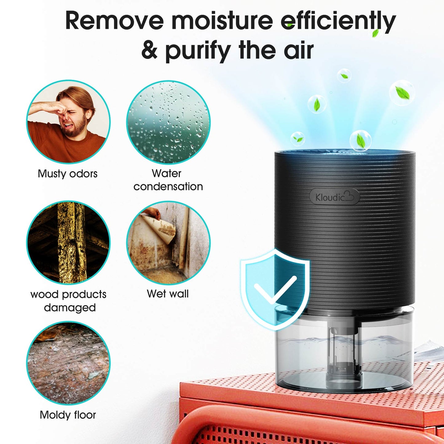 KLOUDIC 700ml Small Dehumidifiers with LED Light 2200 Cubic feet (215 Sq. ft)