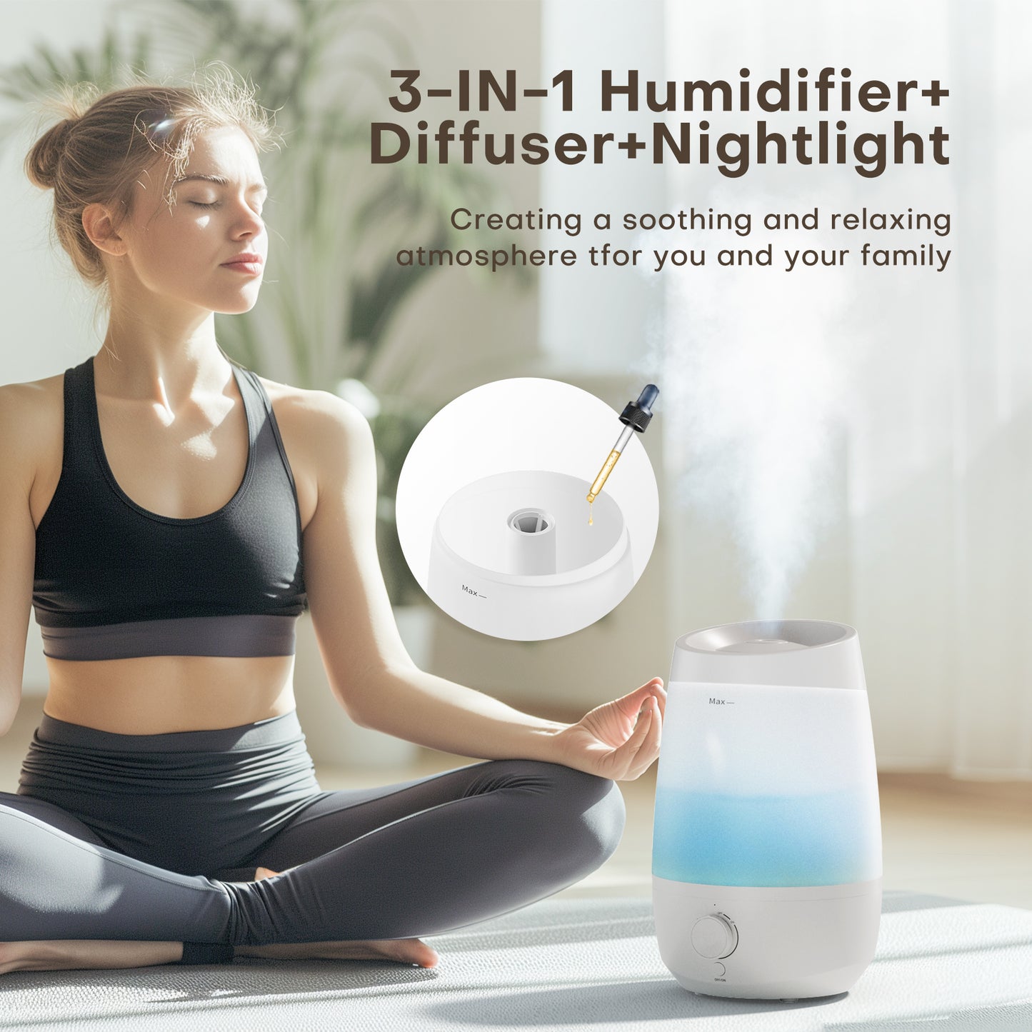 KLOUDIC Humidifier for Home Bedroom, Cool Mist Top Fill 2.5L Essential Oil Diffuser Humidifiers for Baby Nursery and Plants