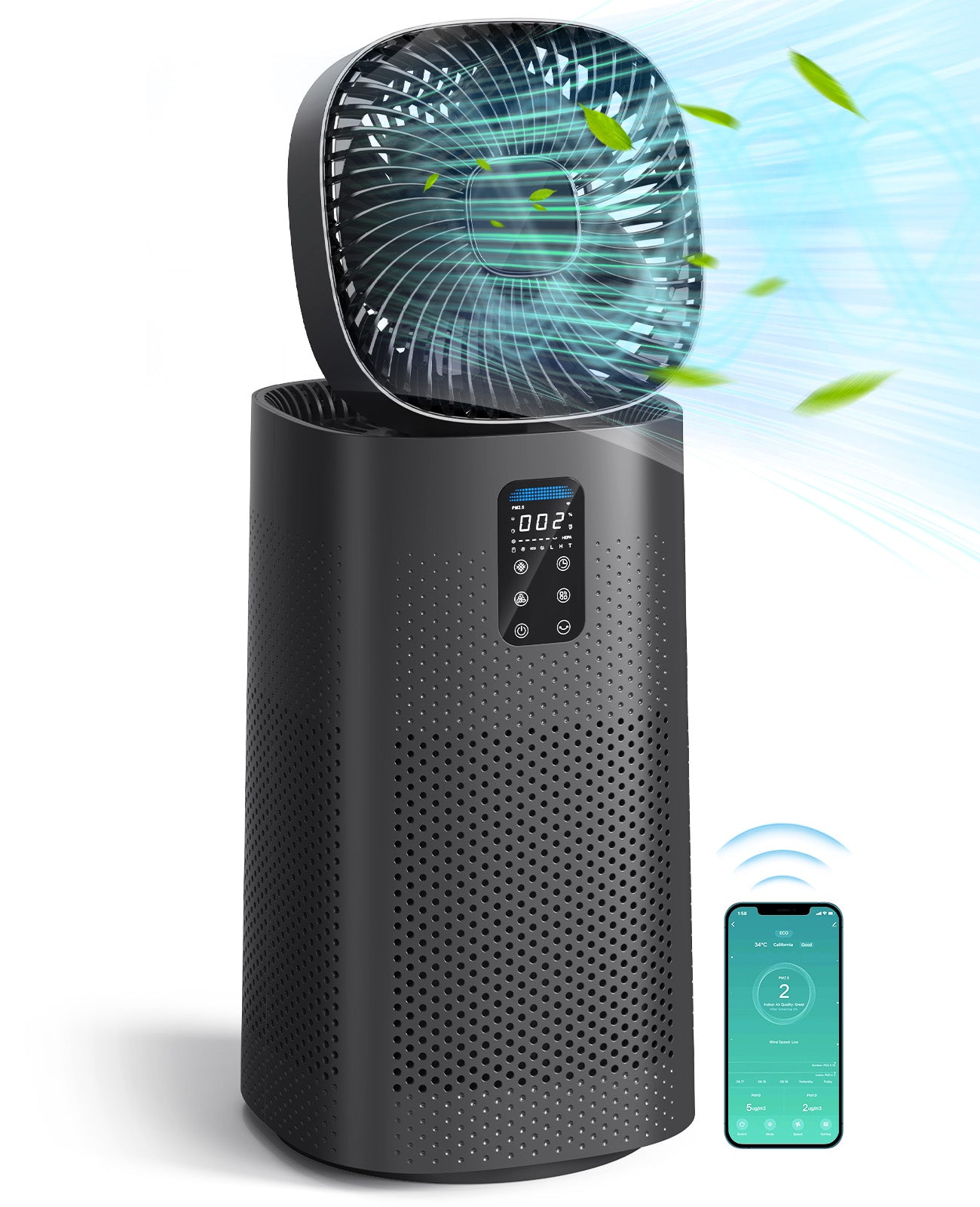 Kloudic Air Purifier Fan for Home, Large Room up to 2500 Sq.Ft, Smart WiFi Control, HEPA Filter System, Pre-Washable Filter, Oscillating Function, Black
