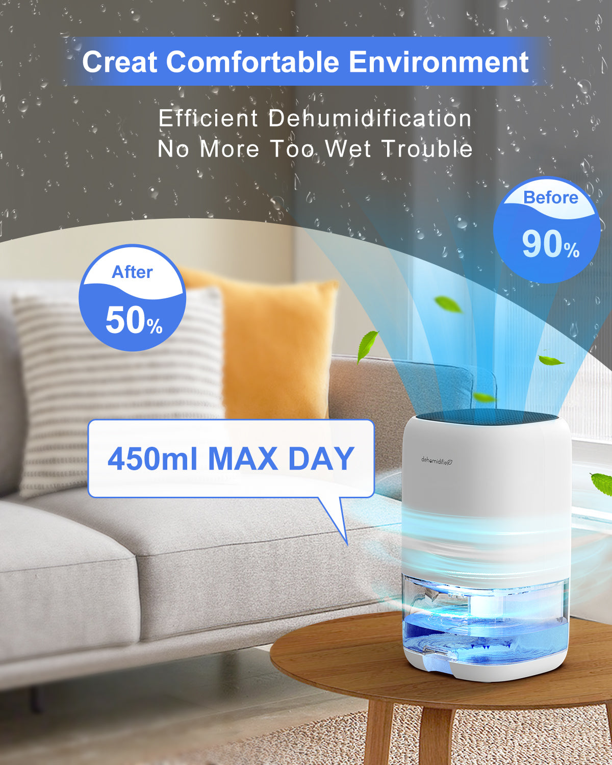 KLOUDIC Dehumidifier Portable and Ultra Quiet with Automatic Defrosting for Home 1000ML(2200 Cubic Feet)