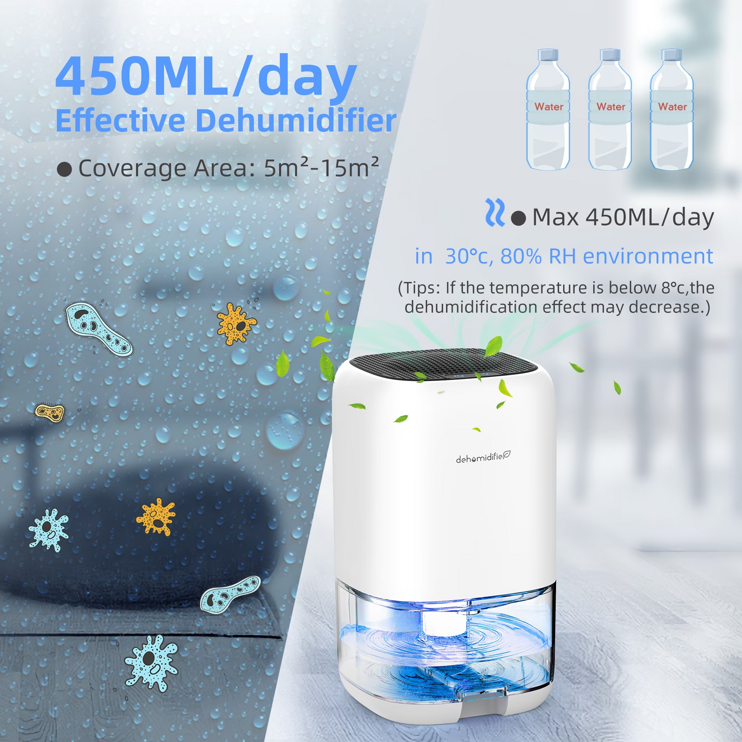 KLOUDIC Dehumidifier,280 sq.ft Dehumidifier for Room,35oz Portable Water Tank,Ultra Quiet with Auto Shut Off