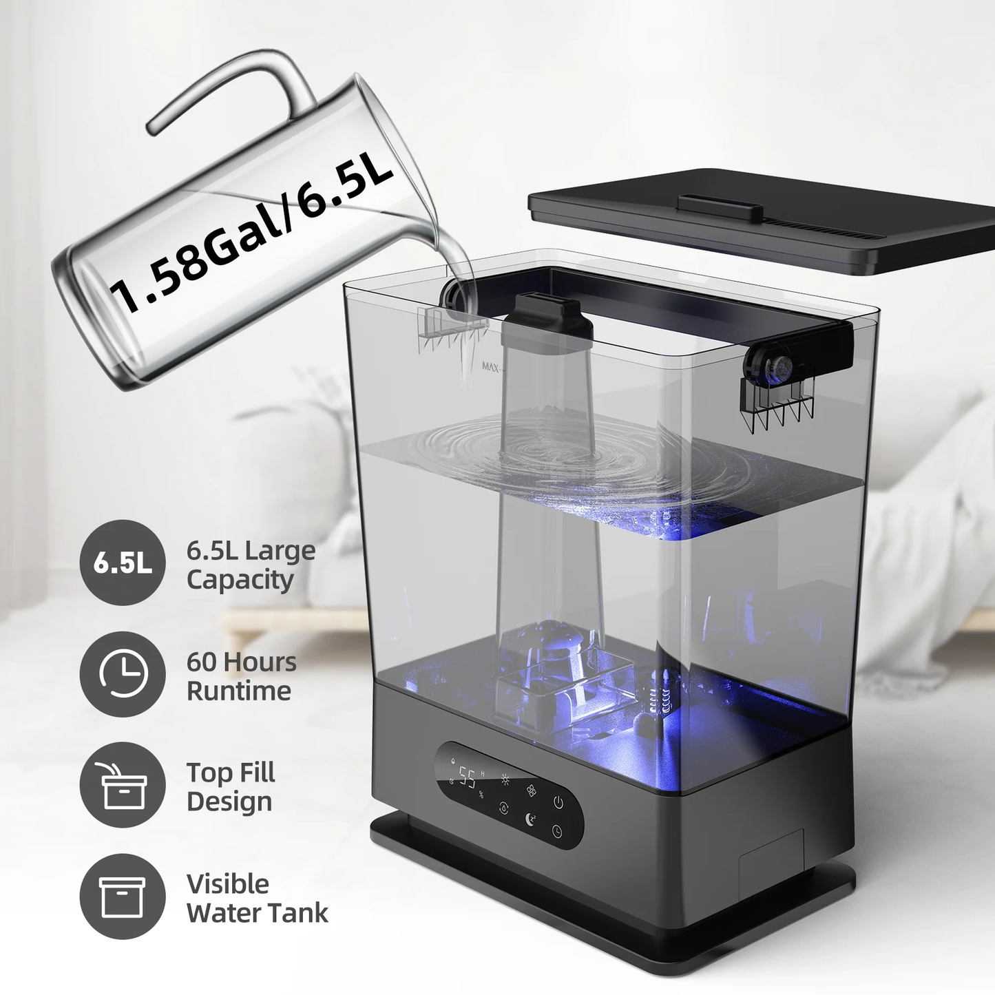 KLOUDIC 6.5L Large Top-fill Humidifier Cool Mist Humidifiers for Home, Bedroom with Customized Humidity for Sleep and Plants, Black