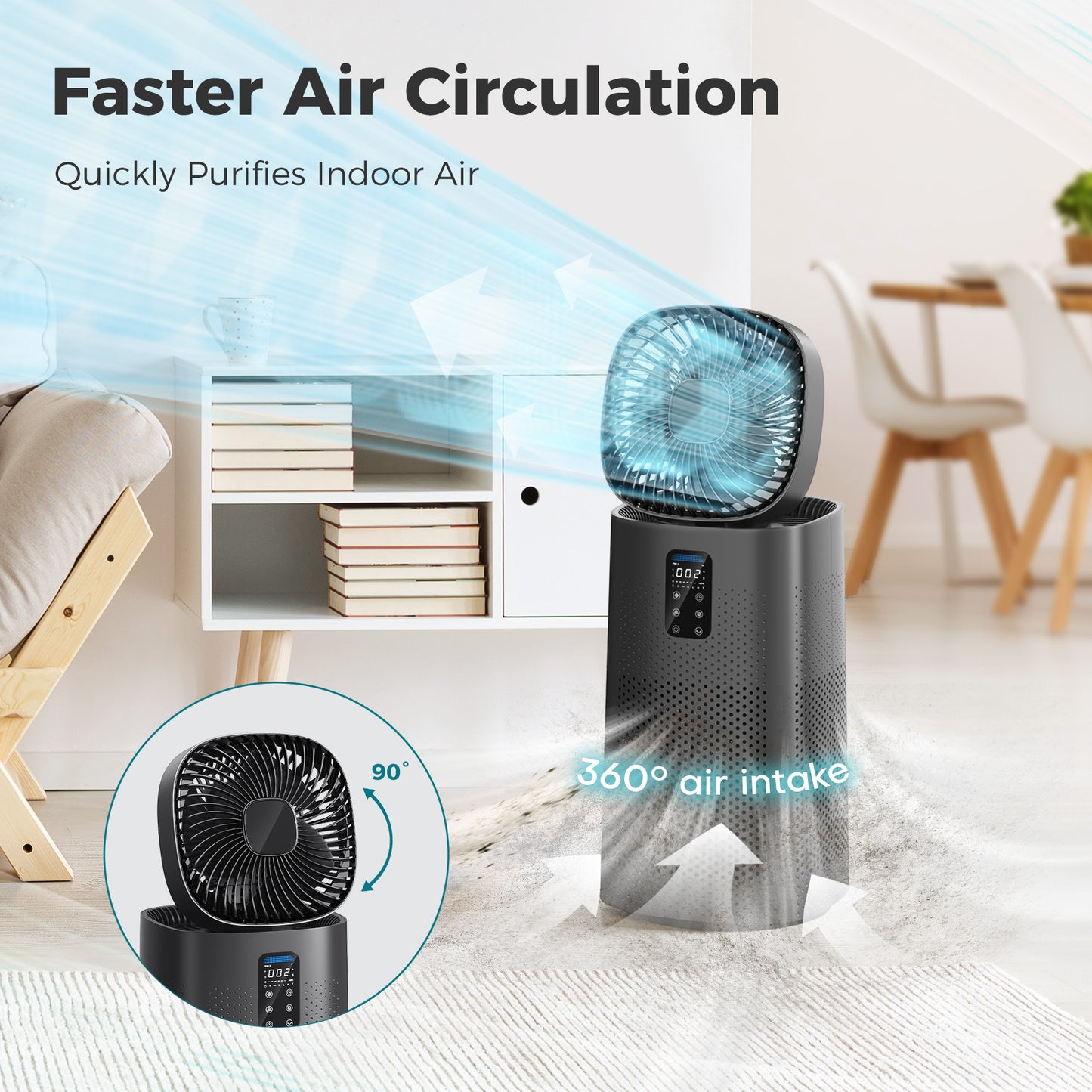 Kloudic Air Purifier Fan for Home, Large Room up to 2500 Sq.Ft, Smart WiFi Control, HEPA Filter System, Pre-Washable Filter, Oscillating Function, Black