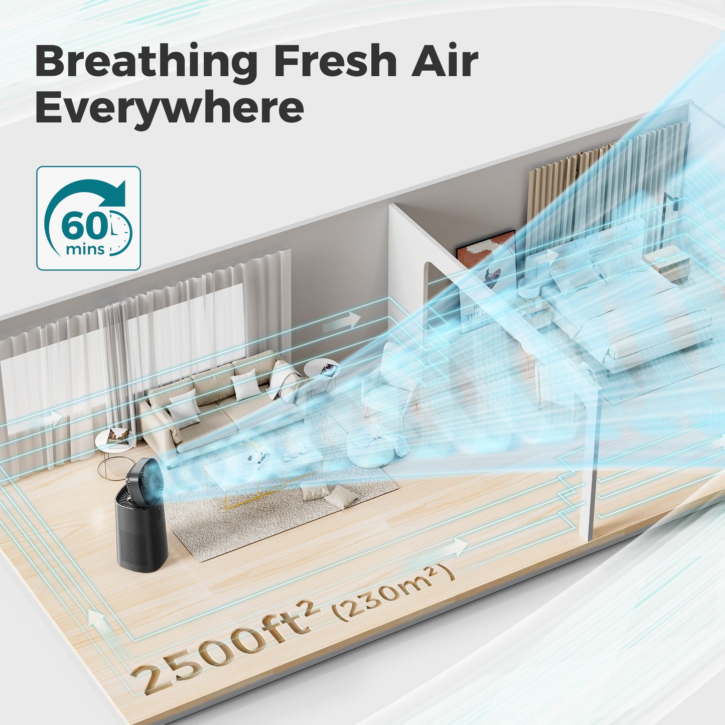 Kloudic Air Purifier Fan for Home, Large Room up to 2500 Sq.Ft, Smart WiFi Control, HEPA Filter System, Pre-Washable Filter, Oscillating Function, Black