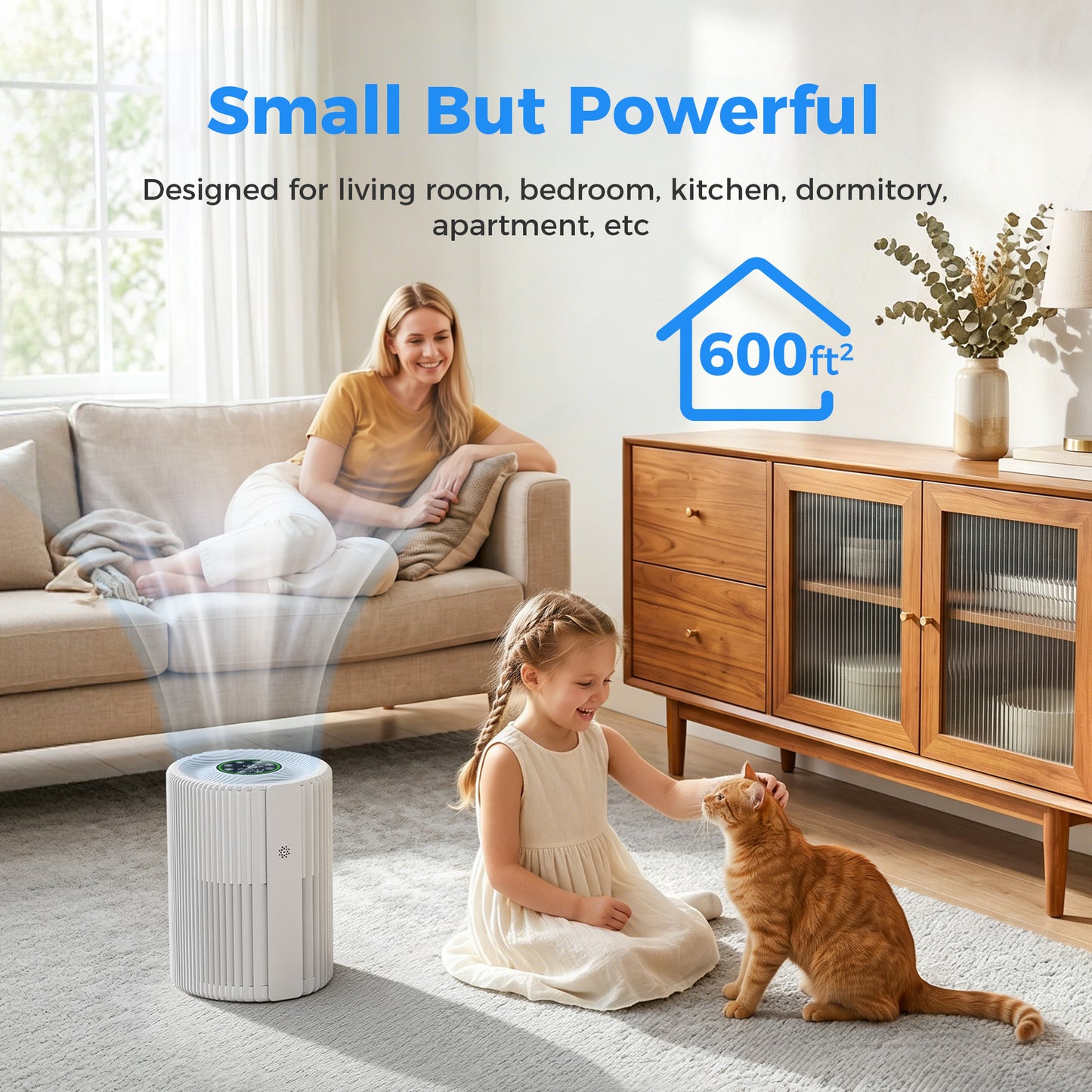 KLOUDIC Air Purifiers for Home with High Efficiency Filter Up to 600 Ft², Real-Time Air Quality (PM2.5) Display, Compact Air Cleaner with 4 Speeds, Timer, White
