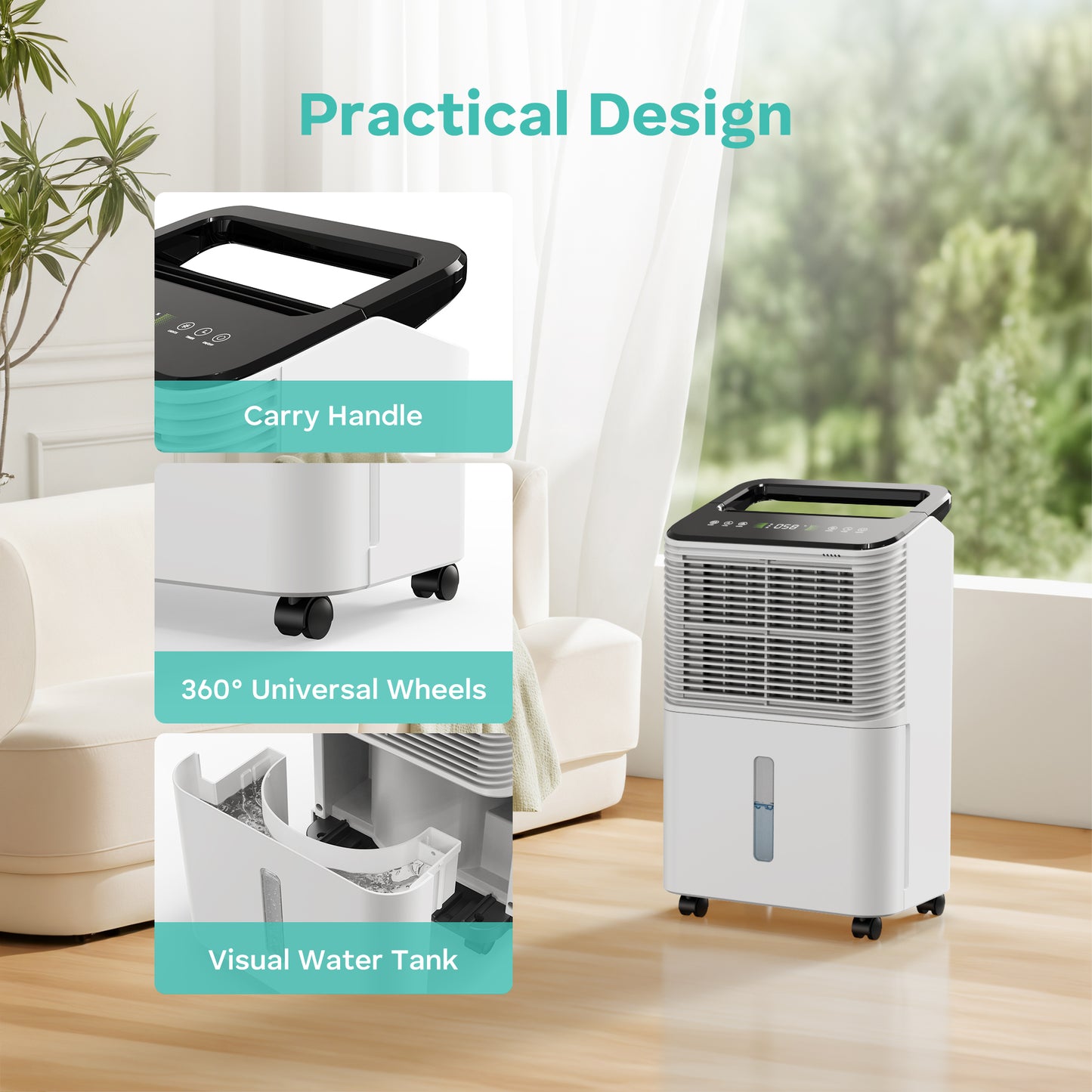 KLOUDIC 12 Pints (DOE) Dehumidifier for Basements, Home Large Rooms, Bathrooms, MAX 50 Pints/Day, Auto Mode with Drain Hose, Smart Humidity Control, 2.5L Water Tank, Covers Up to 2000 Sq.ft