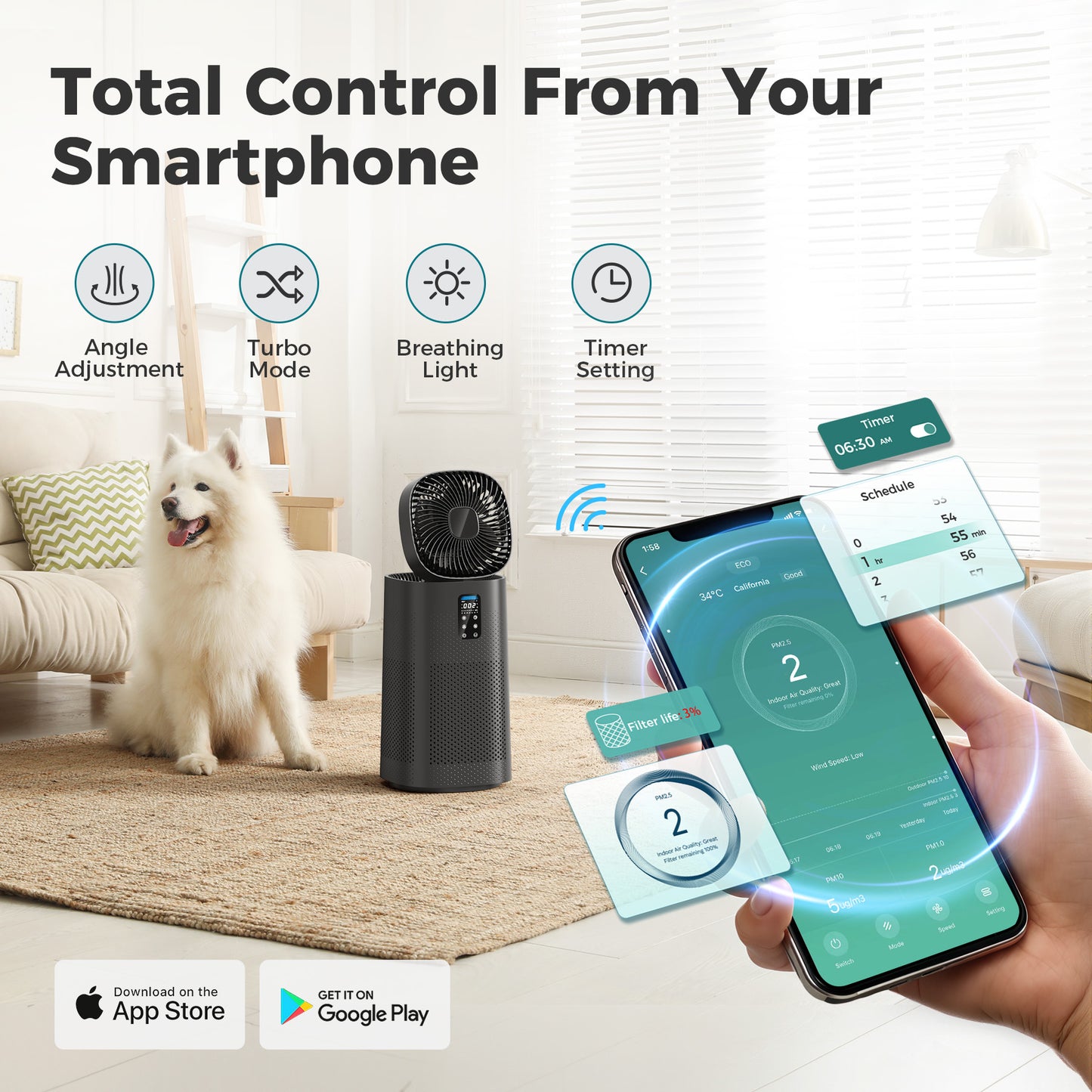 Kloudic Air Purifier Fan for Home, Large Room up to 2500 Sq.Ft, Smart WiFi Control, HEPA Filter System, Pre-Washable Filter, Oscillating Function, Black