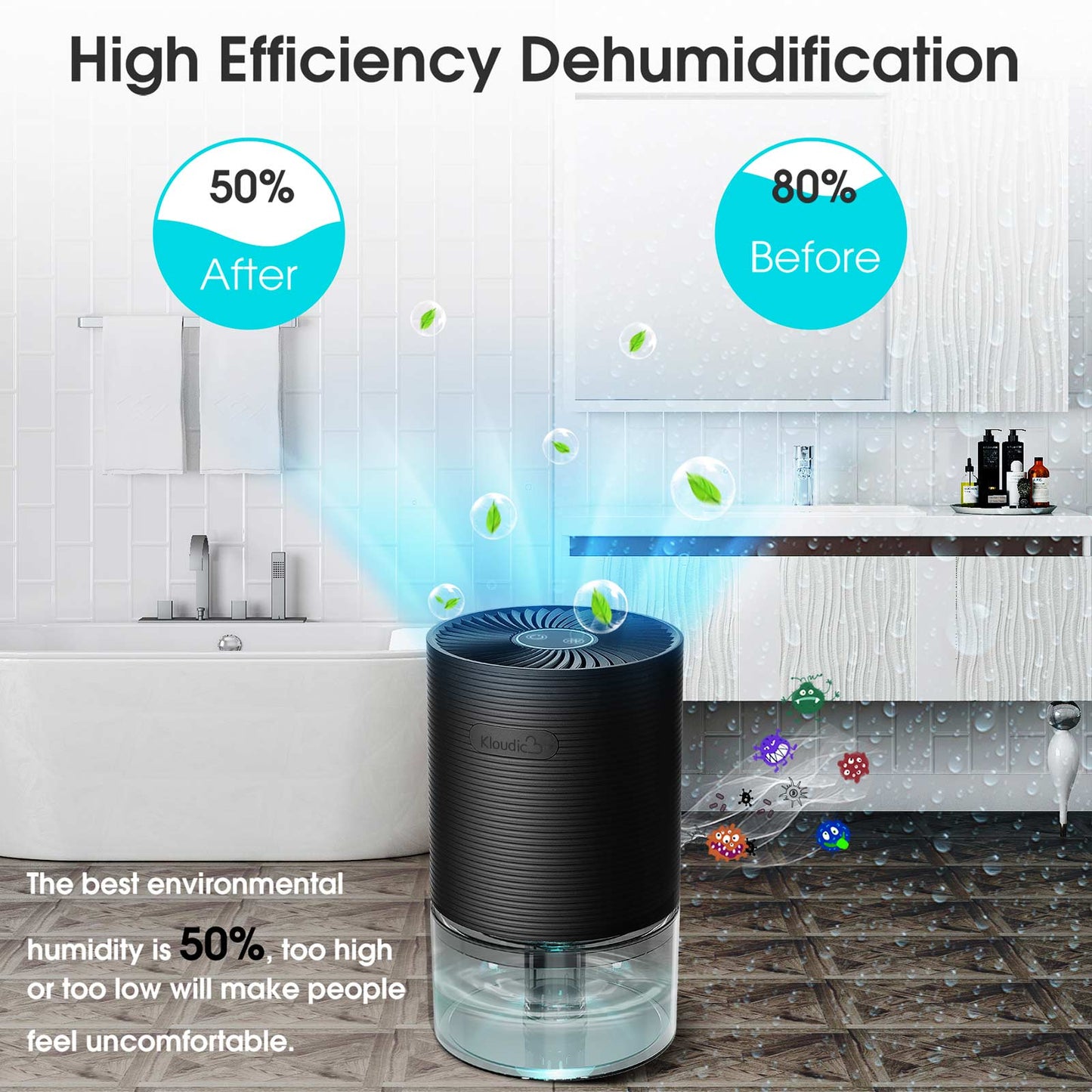KLOUDIC 700ml Small Dehumidifiers with LED Light 2200 Cubic feet (215 Sq. ft)